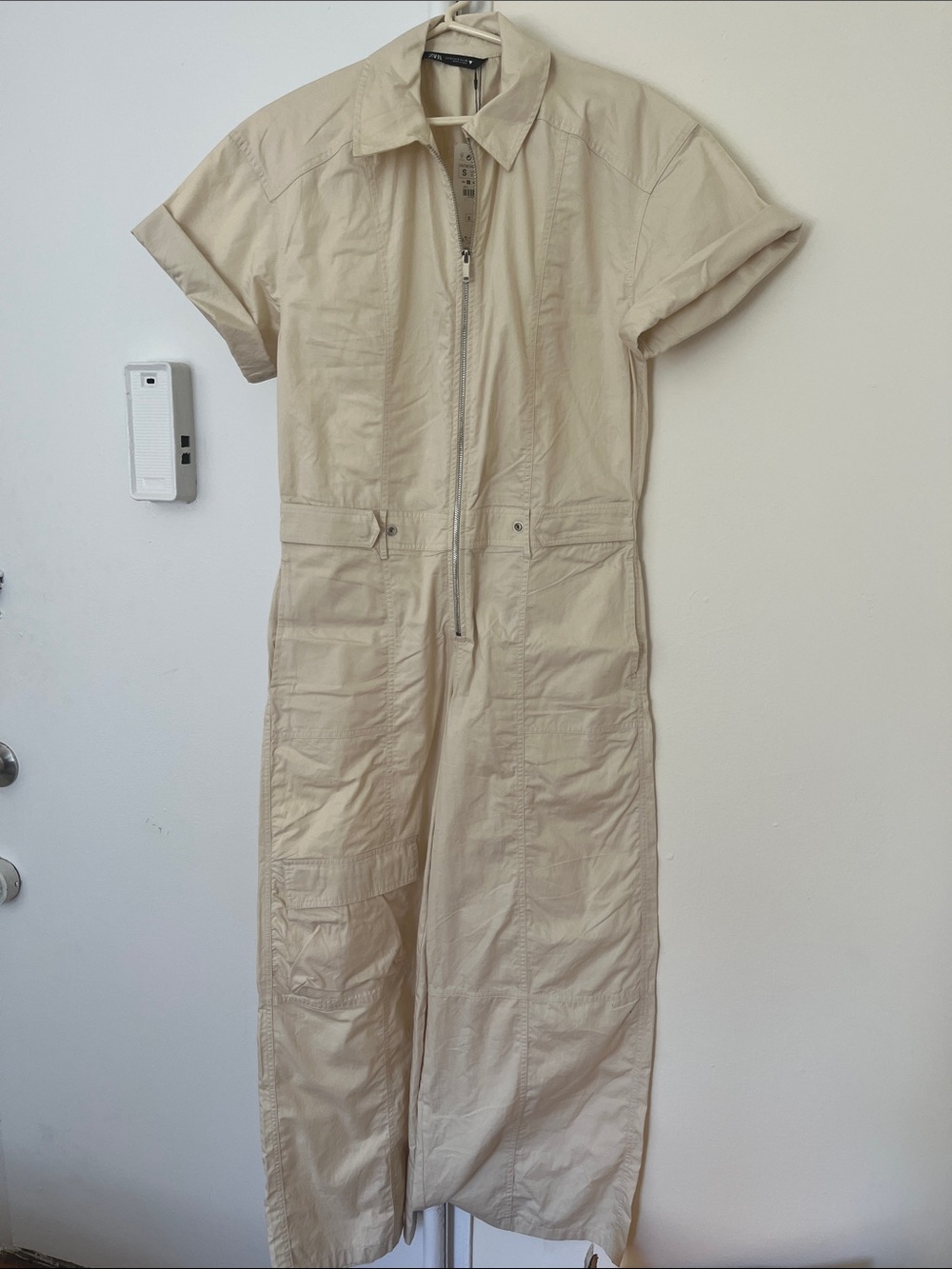 Zara Beige Short-Sleeve Utility Jumpsuit
